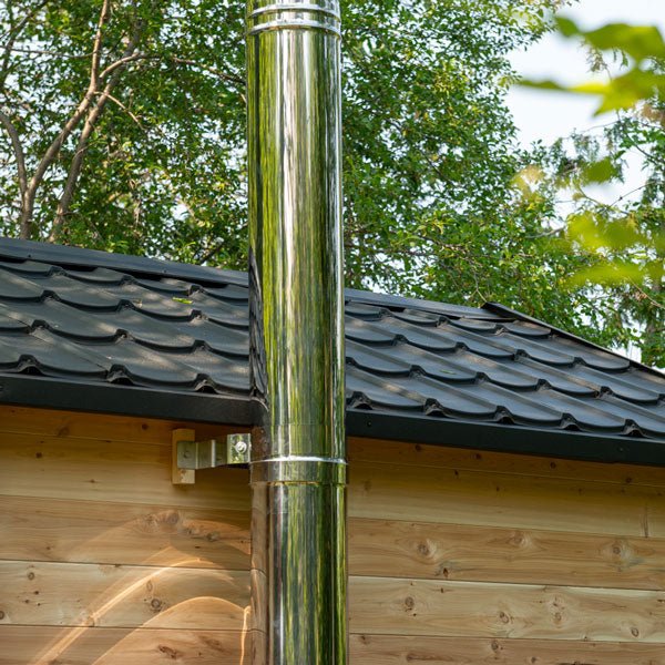Traditional cabin sauna with pitched roof, handcrafted from cedar.