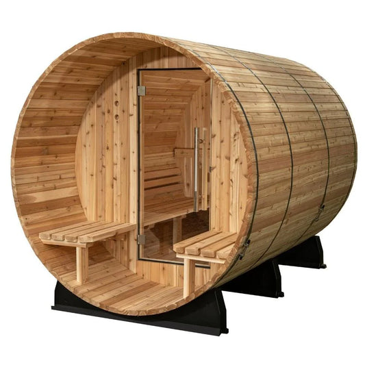 Almost Heaven Charleston barrel sauna, 4-person with front porch seating.