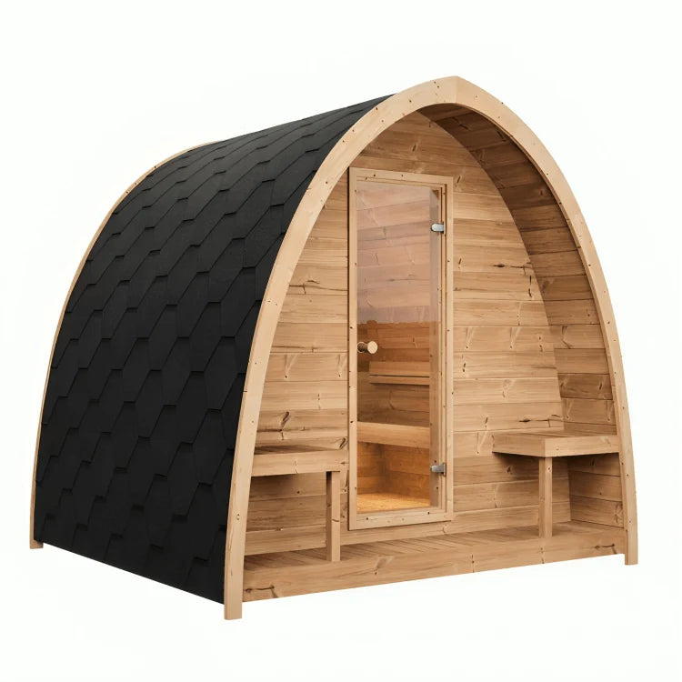 SaunaLife G3 compact outdoor sauna for 4 people, built from thermo-spruce.