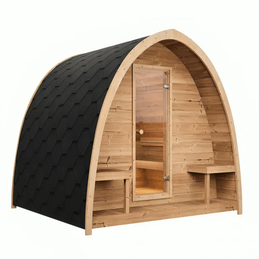 SaunaLife G3 compact outdoor sauna for 4 people, built from thermo-spruce.
