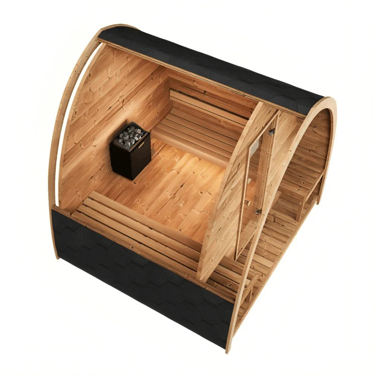 Comfortable thermo-aspen benches inside the 4-person SaunaLife G3 sauna.