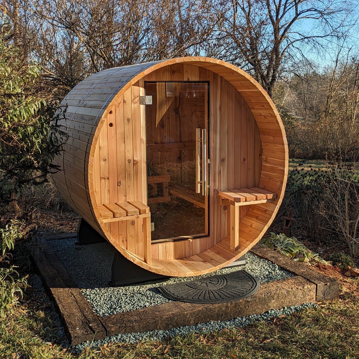 Almost Heaven Audra compact 2–4 person outdoor barrel sauna.
