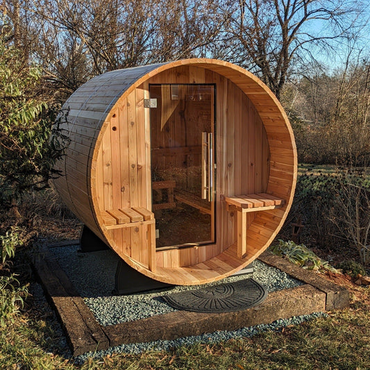 Almost Heaven Audra compact 2–4 person outdoor barrel sauna.