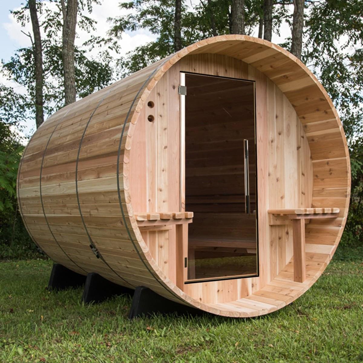 Almost Heaven Huntington barrel sauna, spacious 4–6 person capacity.