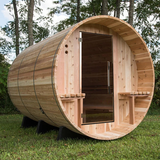 Almost Heaven Huntington barrel sauna, spacious 4–6 person capacity.