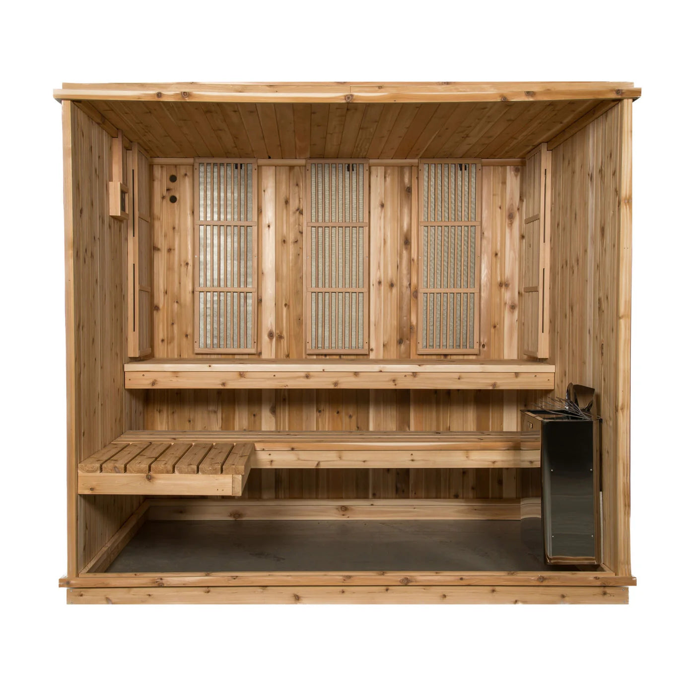 Traditional indoor sauna with benches, perfect for family wellness.
