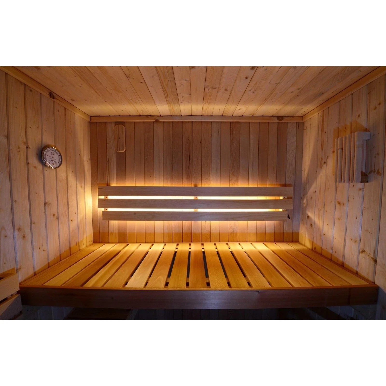 Handcrafted cedar indoor sauna for 6 people, rustic cabin design.