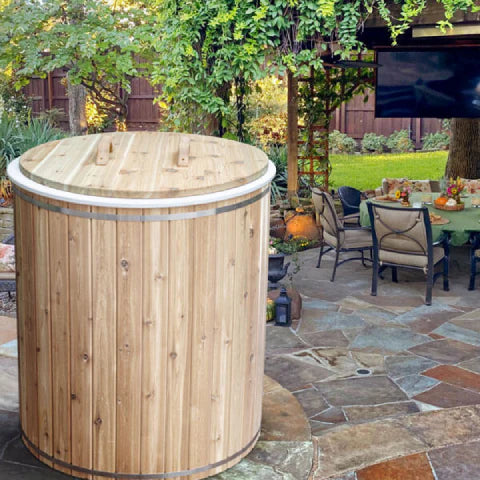 Traditional wood cold plunge tub designed for recovery and wellness.
