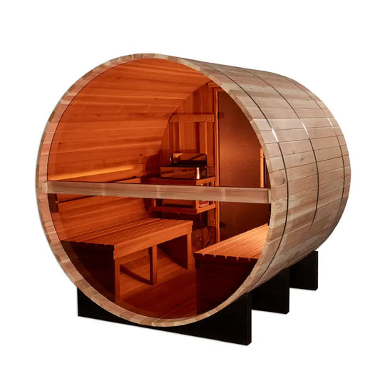 Golden Designs Zurich 4-person barrel sauna, traditional outdoor style.