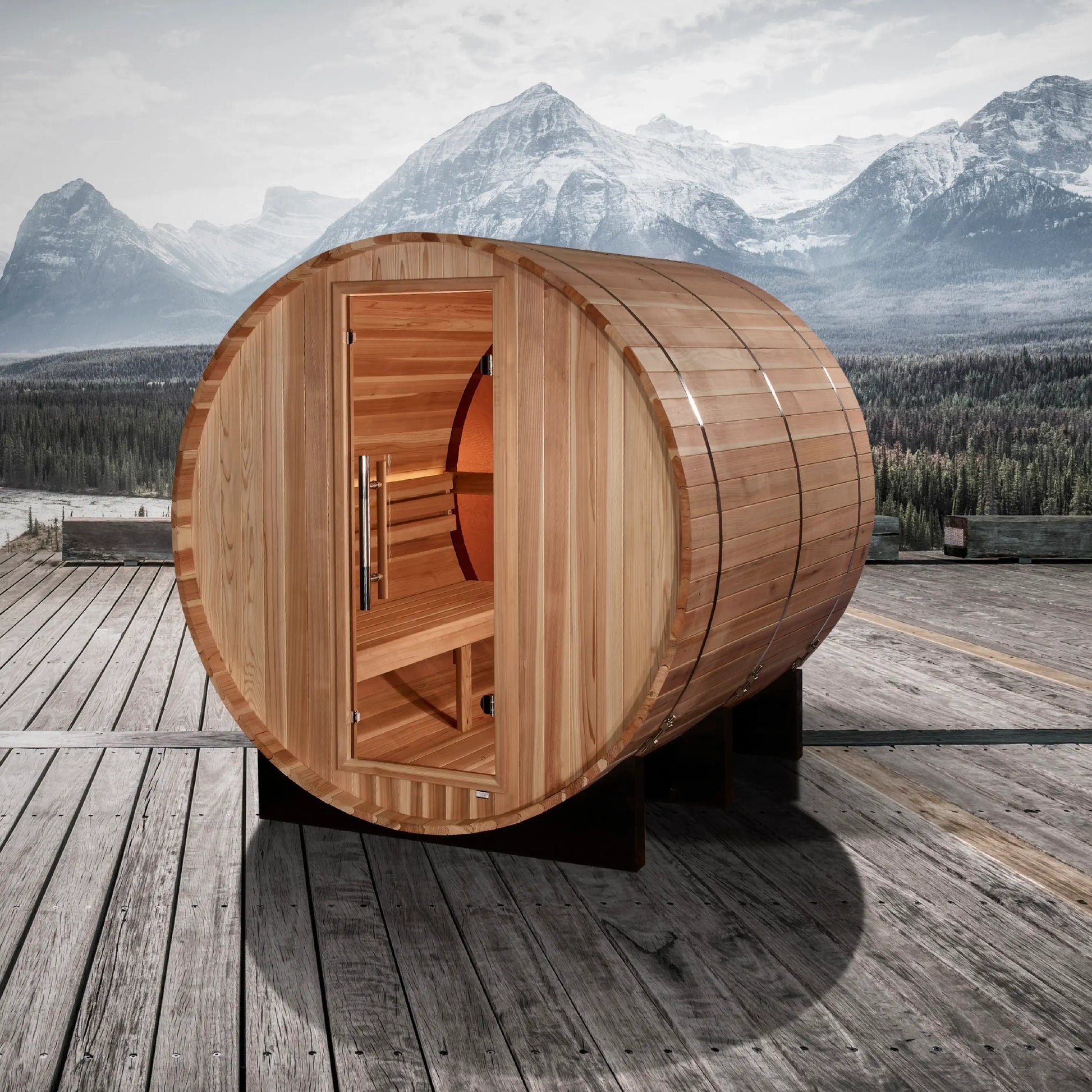 Rounded barrel sauna interior with cedar benches for 4 people.