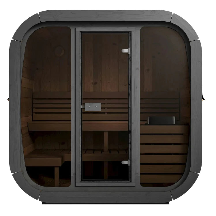 Sleek outdoor cube sauna design with bold black exterior.