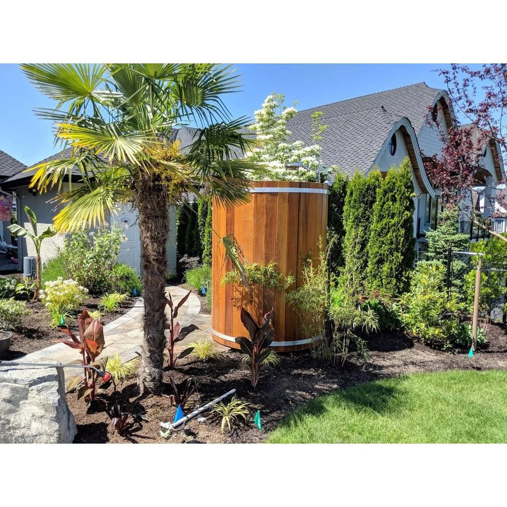 Handcrafted cedar shower, perfect for backyard wellness retreats.