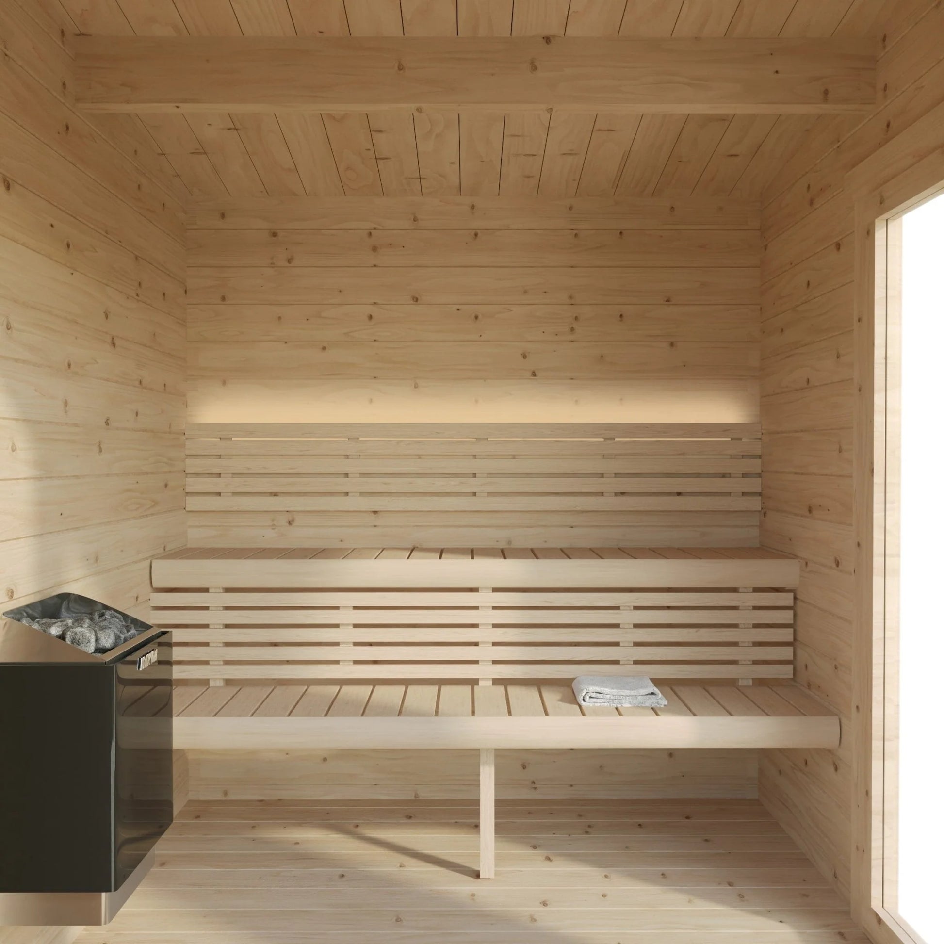 Spacious modular sauna interior with thermo-aspen benches.