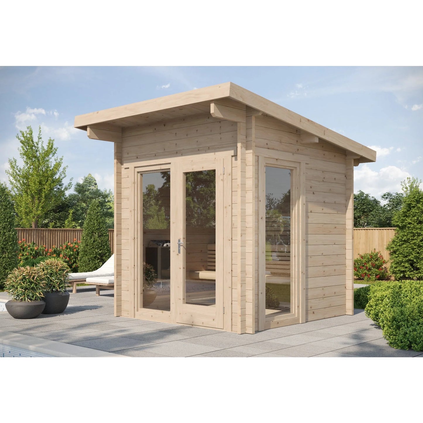 Glass-panel outdoor sauna with clean Nordic architectural lines.