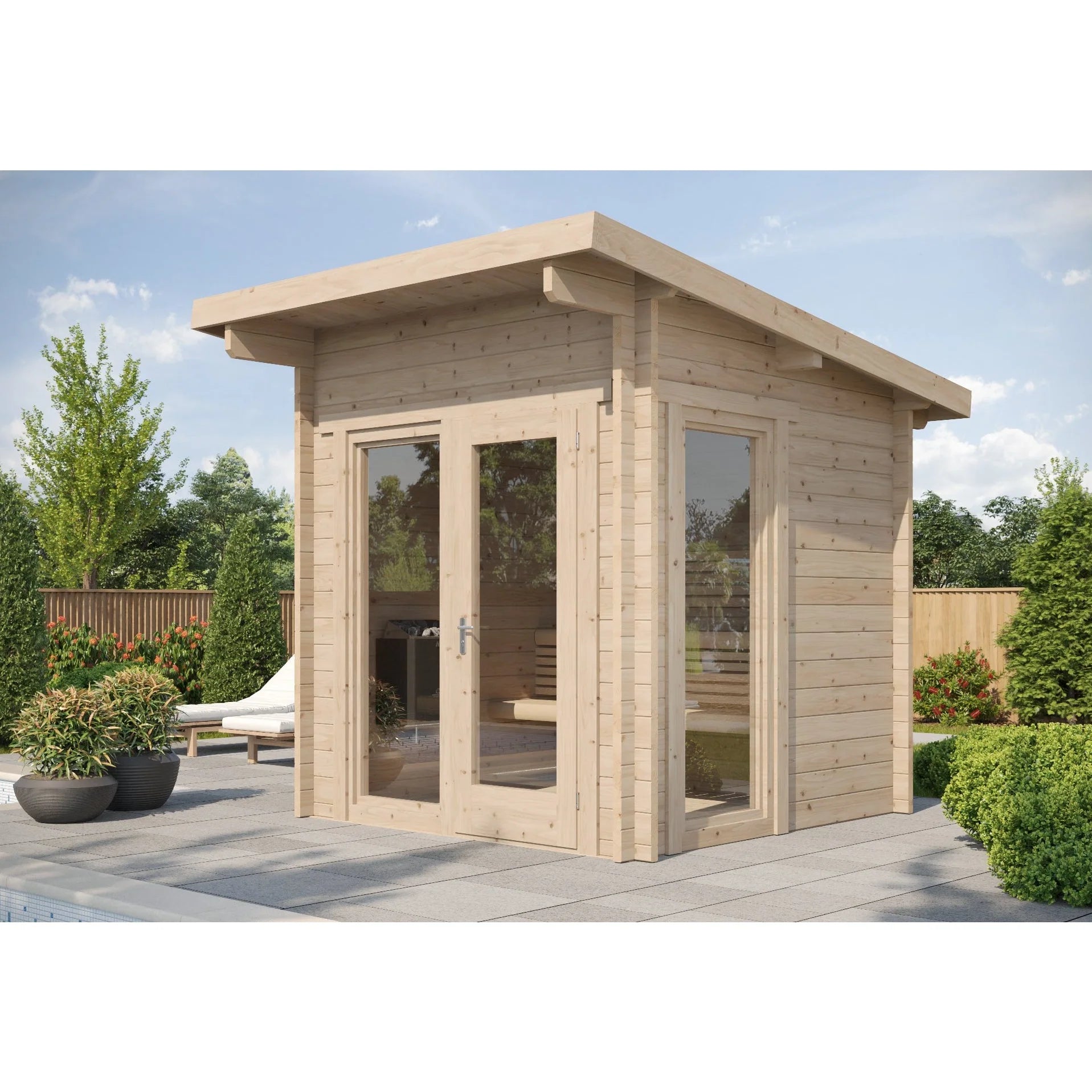 Glass-panel outdoor sauna with clean Nordic architectural lines.