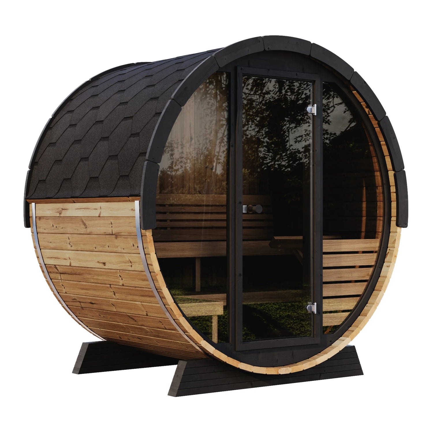 SaunaLife EE6G 4-person outdoor barrel sauna with ergonomic design.
