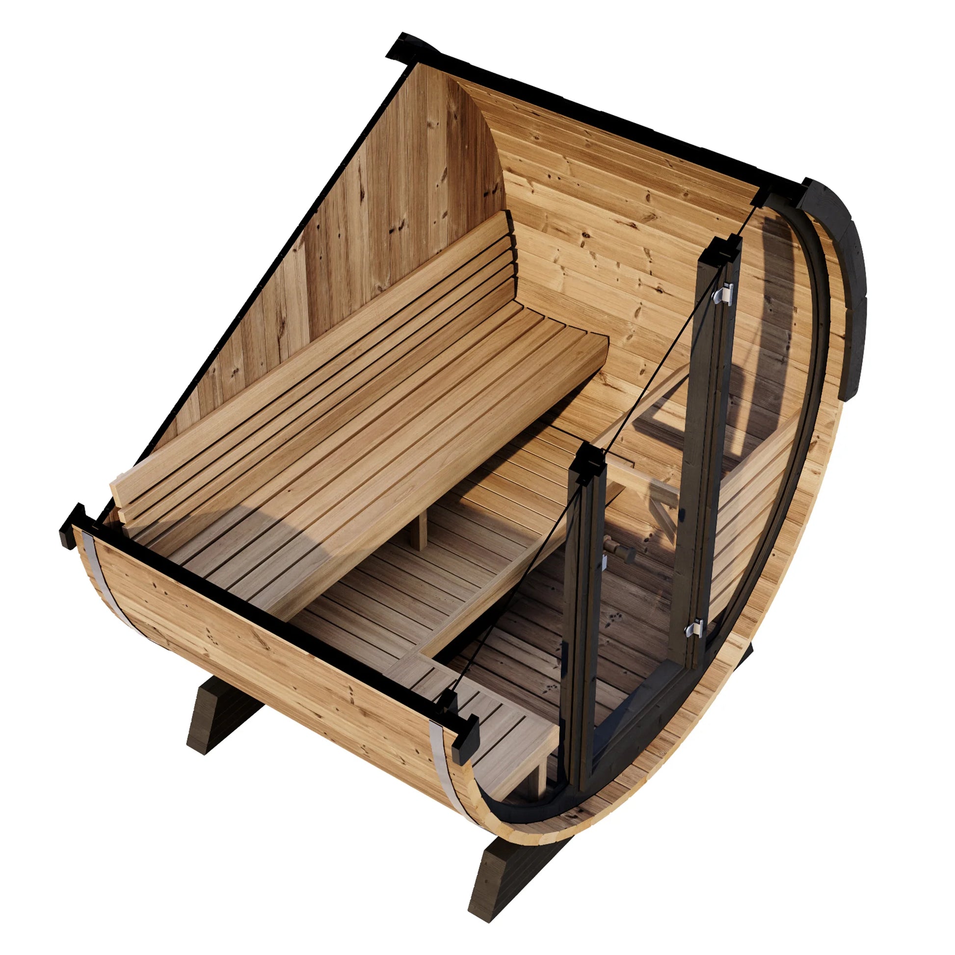 Ergo-series barrel sauna built from thermo-spruce, designed in Europe.