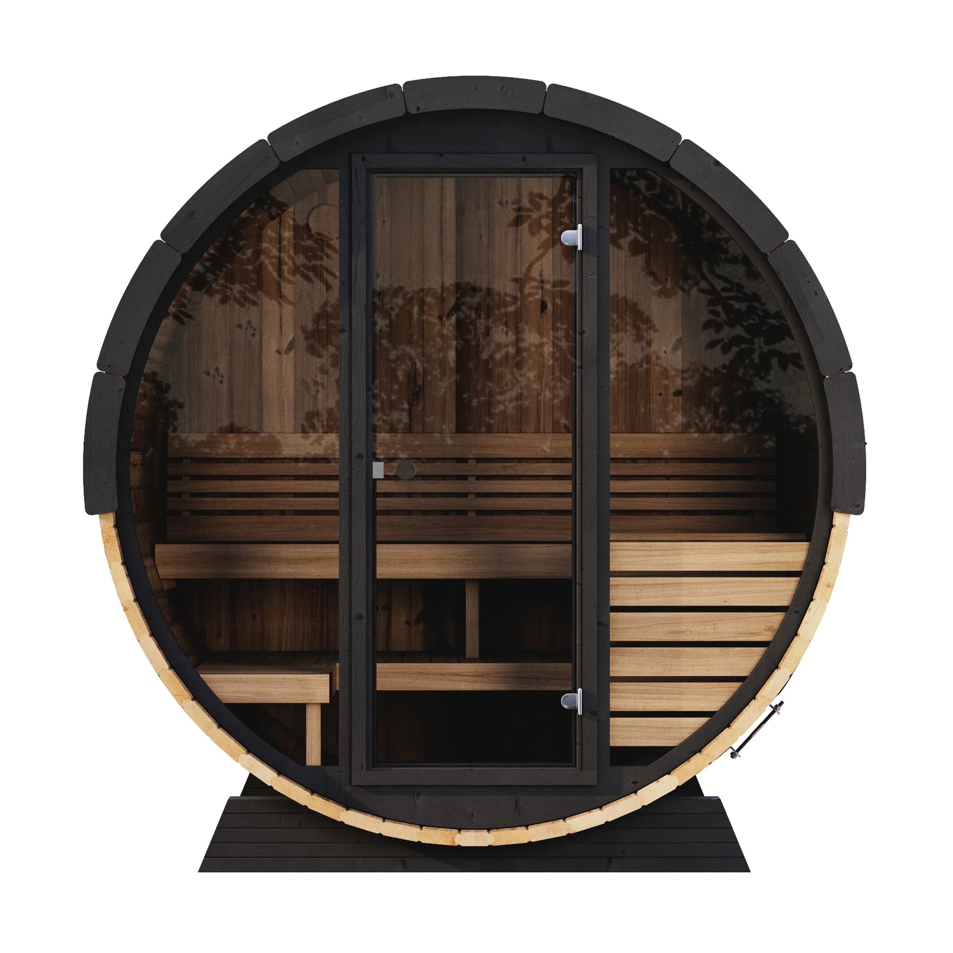 Comfortable outdoor sauna with curved benches and rustic barrel shape.