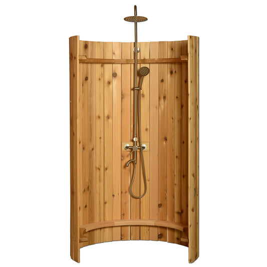 Almost Heaven Ellipse outdoor cedar shower with curved design.