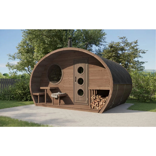 Spacious 8-person Scandinavian outdoor sauna with two-room layout and terrace seating.