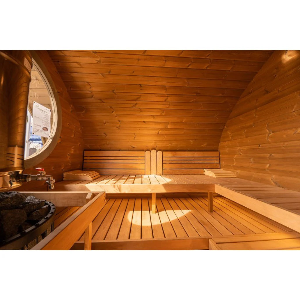 Scandinavian thermo-spruce sauna with windows and black shingle roof.