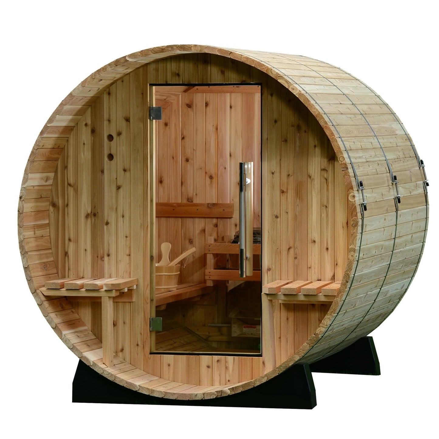 Rustic outdoor barrel sauna with efficient heating and compact footprint.