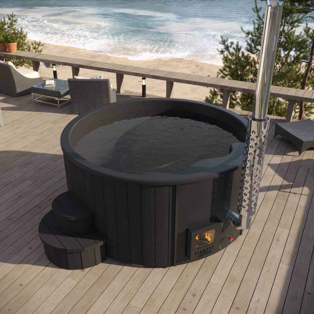 Thermo-spruce hot tub with wood-fired heater, built for backyard relaxation.