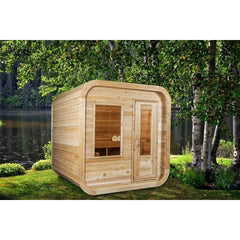 Geometric cube sauna design with large windows and sleek profile.
