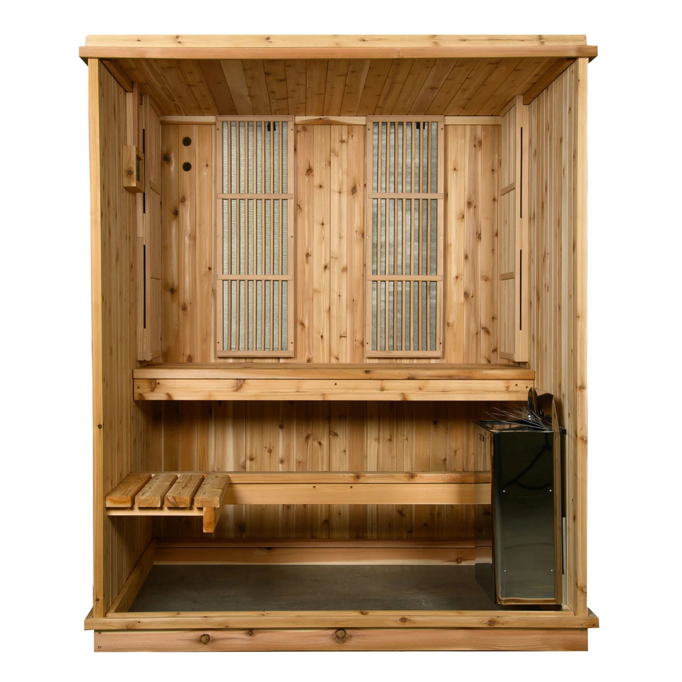 Small cedar indoor sauna designed for apartments and wellness rooms.